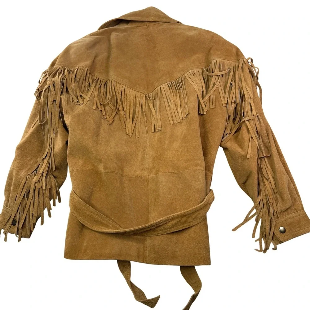 L.A. Studio Suede Fringe Zip Front Tie Belt Jacket Tan Western Boho‎ Festival S - Picture 5 of 16